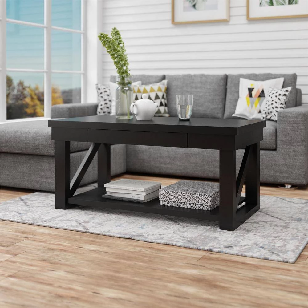 Caryle 44 in. Black Large Rectangle Wood Coffee Table with Drawers by Ameriwood Home 4 Caryle 44 in. Black Large Rectangle Wood Coffee Table with Drawers by Ameriwood Home - Image 4