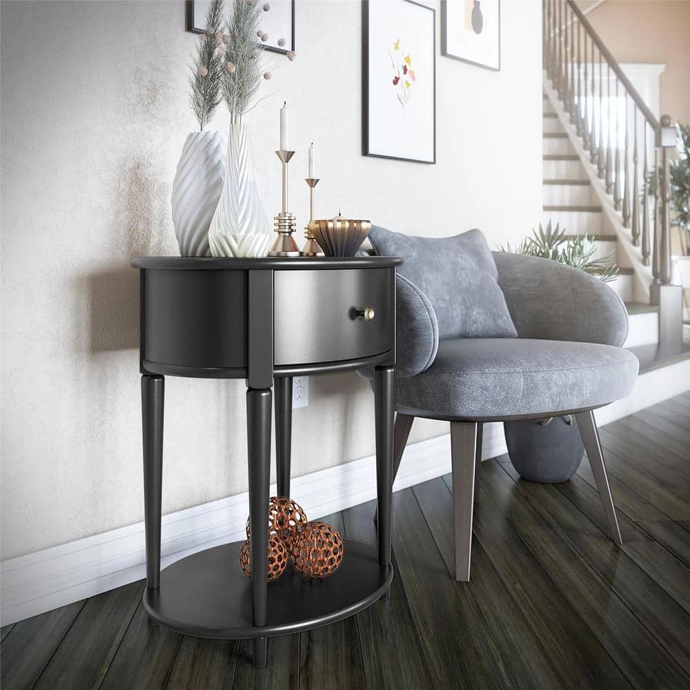 Abelia 21.6 in. Black Round End Table with Drawer and Shelf by Ameriwood Home 7 Abelia 21.6 in. Black Round End Table with Drawer and Shelf by Ameriwood Home - Image 7