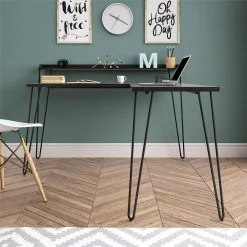 Shanewood 55.1 in. L-Shape Black Oak Computer Desk with Riser by Ameriwood Home -Deals HOMESTYLES Store black oak ameriwood home computer desks hd34825 4f 1000