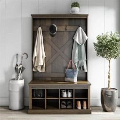 Bayshore Heights Brown Oak Entryway Bench with Hall Tree by Ameriwood Home -Deals HOMESTYLES Store brown oak ameriwood home hall trees hd79316 31 1000