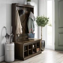 Bayshore Heights Brown Oak Entryway Bench with Hall Tree by Ameriwood Home -Deals HOMESTYLES Store brown oak ameriwood home hall trees hd79316 4f 1000