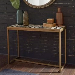 Geometric II 44 in. Gold/Cream Standard Rectangle Tile Console Table by HOMESTYLES 17 Geometric II 44 in. Gold/Cream Standard Rectangle Tile Console Table by HOMESTYLES -Deals HOMESTYLES Store gold and cream homestyles console tables 8101 22 31 1000