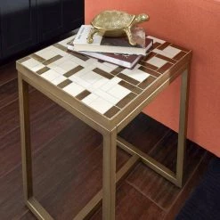 Geometric II Cream and Gold Mosaic Tile End Table by HOMESTYLES -Deals HOMESTYLES Store gold and cream homestyles end side tables 8101 20 c3 1000