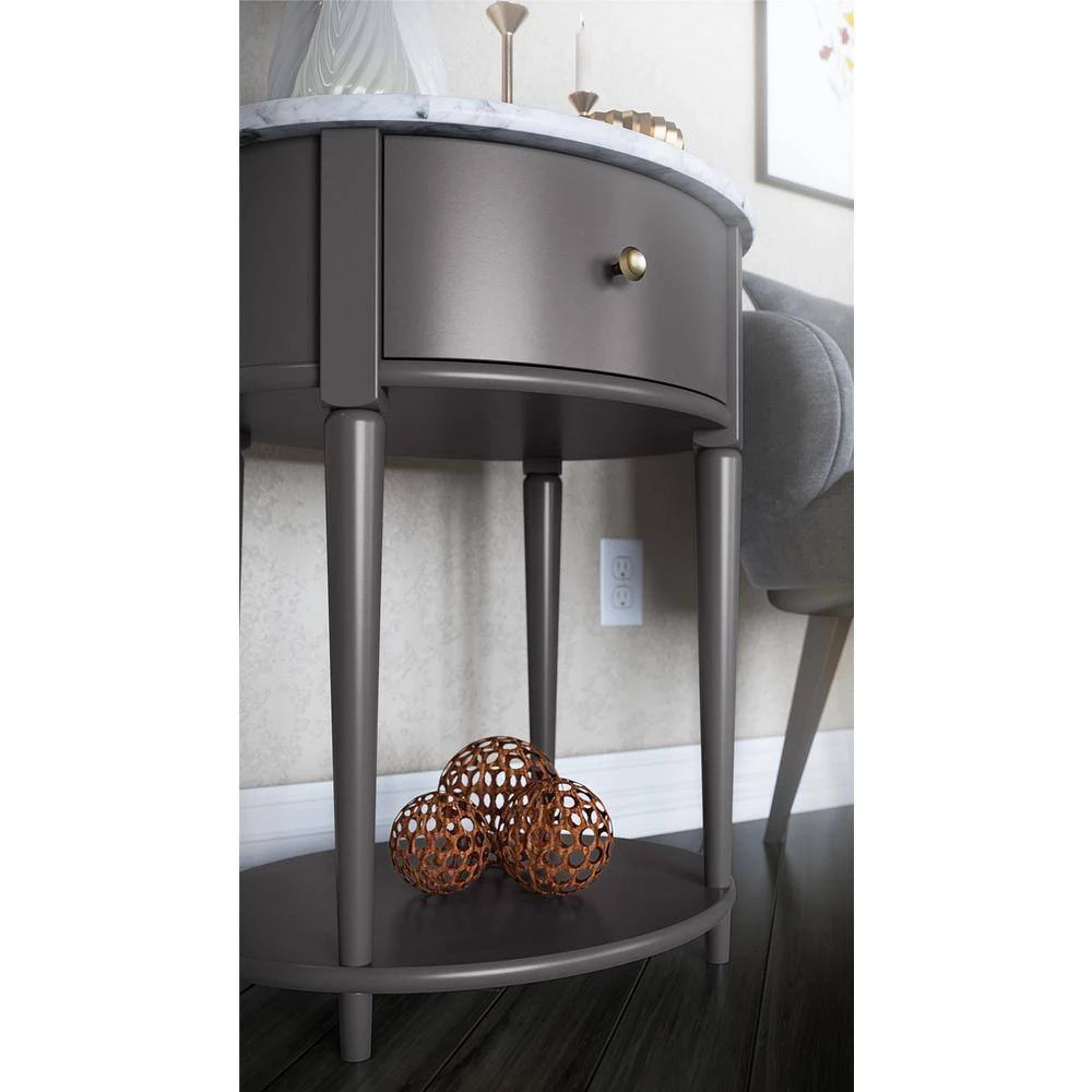 Abelia 21.6 in. Graphite Gray with Faux Marble Top Round End Table with Drawer and Shelf by Ameriwood Home 7 Abelia 21.6 in. Graphite Gray with Faux Marble Top Round End Table with Drawer and Shelf by Ameriwood Home - Image 7