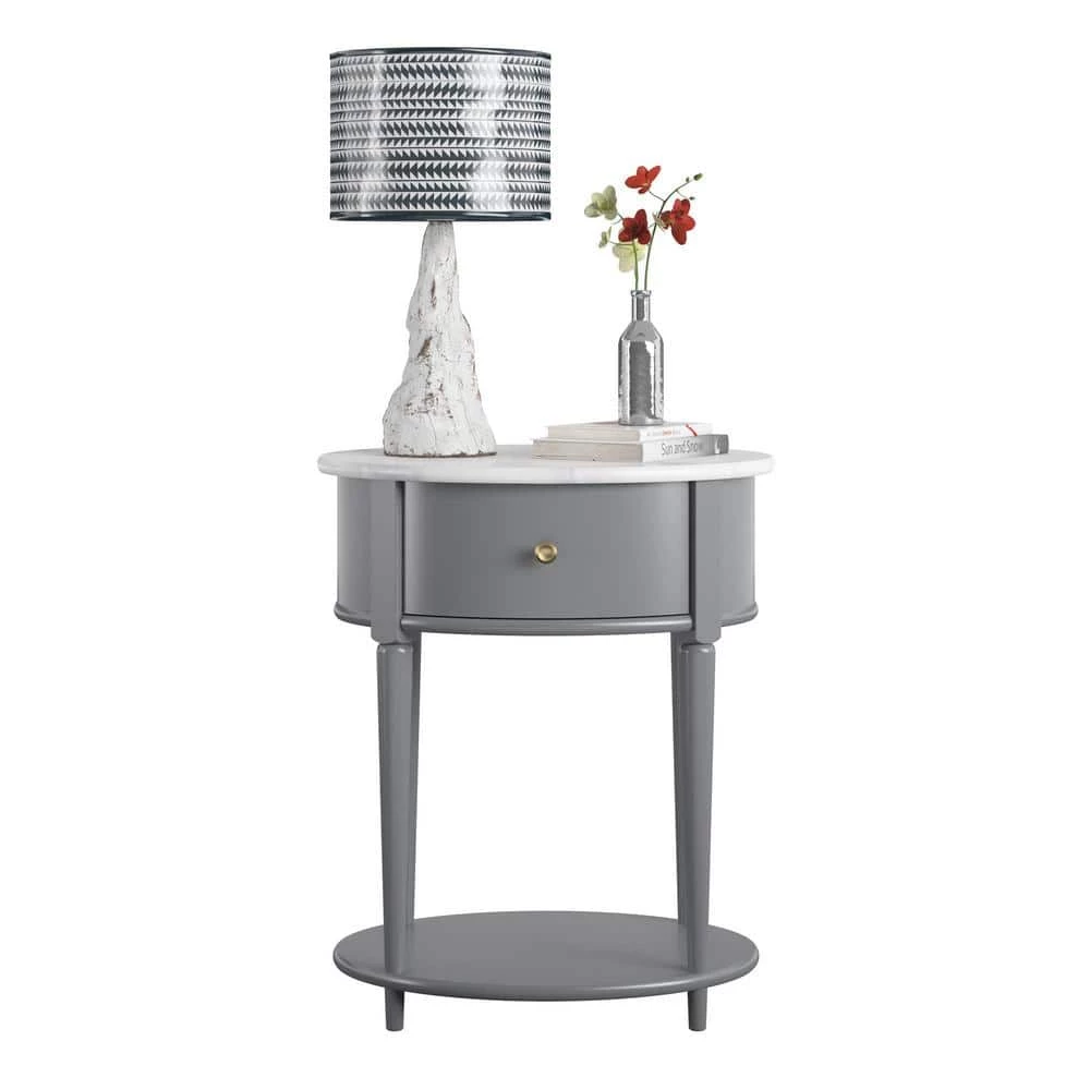 Abelia 21.6 in. Graphite Gray with Faux Marble Top Round End Table with Drawer and Shelf by Ameriwood Home 6 Abelia 21.6 in. Graphite Gray with Faux Marble Top Round End Table with Drawer and Shelf by Ameriwood Home - Image 6