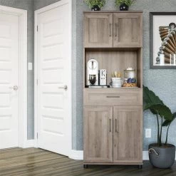 Hobart Gray Oak 1-Drawer / 4-Door Tall Coffee Bar by Ameriwood Home -Deals HOMESTYLES Store gray oak ameriwood home accent cabinets hd69366 31 1000