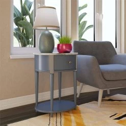 Abelia 21.6 in. Pale Blue with Faux Marble Top Round End Table with Drawer and Shelf by Ameriwood Home -Deals HOMESTYLES Store her majesty blue ameriwood home end side tables hd01928 4f 1000