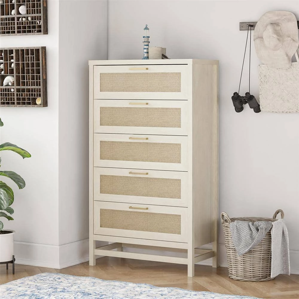 Leeland 5-Drawer Ivory Oak with Faux Rattan Chest of-Drawers (55.63 in. x 31.65 in. x 15.67 in.) by Ameriwood Home 7 Leeland 5-Drawer Ivory Oak with Faux Rattan Chest of-Drawers (55.63 in. x 31.65 in. x 15.67 in.) by Ameriwood Home - Image 7