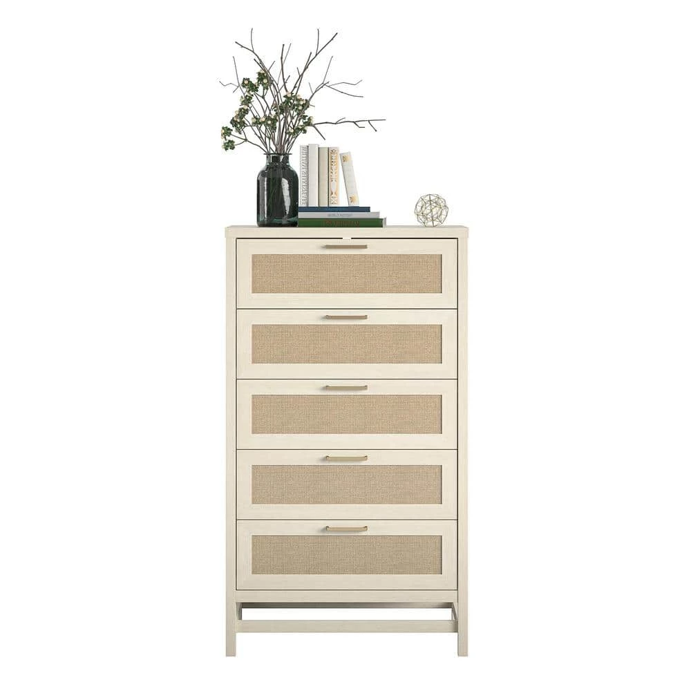 Leeland 5-Drawer Ivory Oak with Faux Rattan Chest of-Drawers (55.63 in. x 31.65 in. x 15.67 in.) by Ameriwood Home 6 Leeland 5-Drawer Ivory Oak with Faux Rattan Chest of-Drawers (55.63 in. x 31.65 in. x 15.67 in.) by Ameriwood Home - Image 6