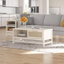 Leeland 19.49 in. Ivory Oak Rectangular with Faux Rattan MDF Coffee Table by Ameriwood Home -Deals HOMESTYLES Store ivory oak ameriwood home coffee tables hd73171 4f 1000