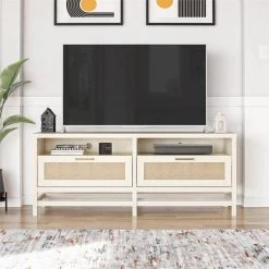 Leeland 58.4 in. Ivory Oak and Faux Rattan TV Stand for TVs up to 60 in. by Ameriwood Home -Deals HOMESTYLES Store ivory oak and faux rattan ameriwood home tv stands hd57652 31 1000