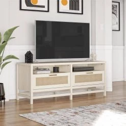 Leeland 58.4 in. Ivory Oak and Faux Rattan TV Stand for TVs up to 60 in. by Ameriwood Home -Deals HOMESTYLES Store ivory oak and faux rattan ameriwood home tv stands hd57652 4f 1000