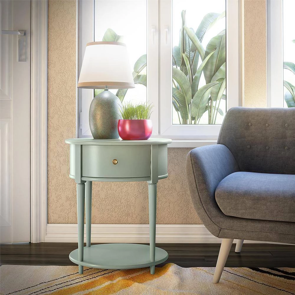 Abelia 21.6 in. Pale Green Round End Table with Drawer and Shelf by Ameriwood Home 12 Abelia 21.6 in. Pale Green Round End Table with Drawer and Shelf by Ameriwood Home - Image 12