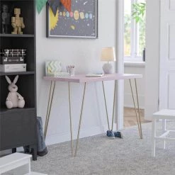 Montrose 40 in. Pink Retro Computer Desk with Gold Hairpin Legs by Ameriwood Home -Deals HOMESTYLES Store pink ameriwood home writing desks hd94751 c3 1000