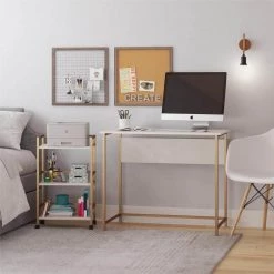 Bernay 36 in. Plaster/Gold Desk with Rolling Cart Bundle by Ameriwood Home -Deals HOMESTYLES Store plaster ameriwood home writing desks hd01105 4f 1000