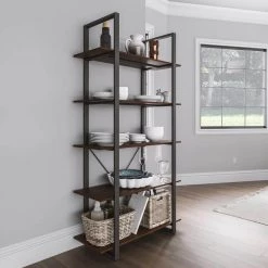 Merge 69 in. Walnut Five Shelf Bookcase by HOMESTYLES -Deals HOMESTYLES Store walnut homestyles bookcases bookshelves 5450 75 fa 1000