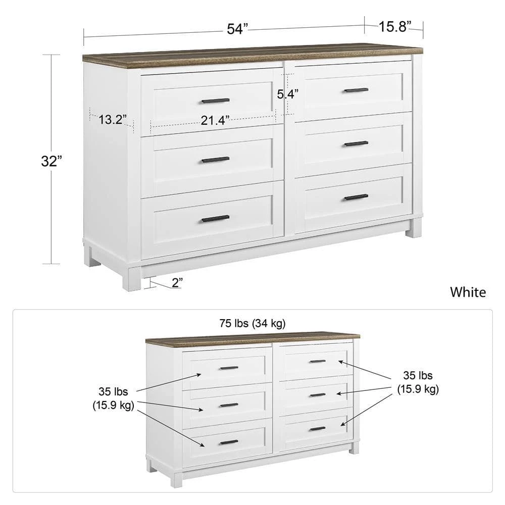 Fall River 6-Drawer White Dresser 32 in. H x 54 in. W x 15.75 in. D by Ameriwood Home 6 Fall River 6-Drawer White Dresser 32 in. H x 54 in. W x 15.75 in. D by Ameriwood Home - Image 6