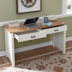 Portsmouth 54 in. W Rectangular White and Oak Wood 2-Drawer Writing Desk by HOMESTYLES -Deals HOMESTYLES Store white and oak homestyles writing desks 5186 15 31 1000