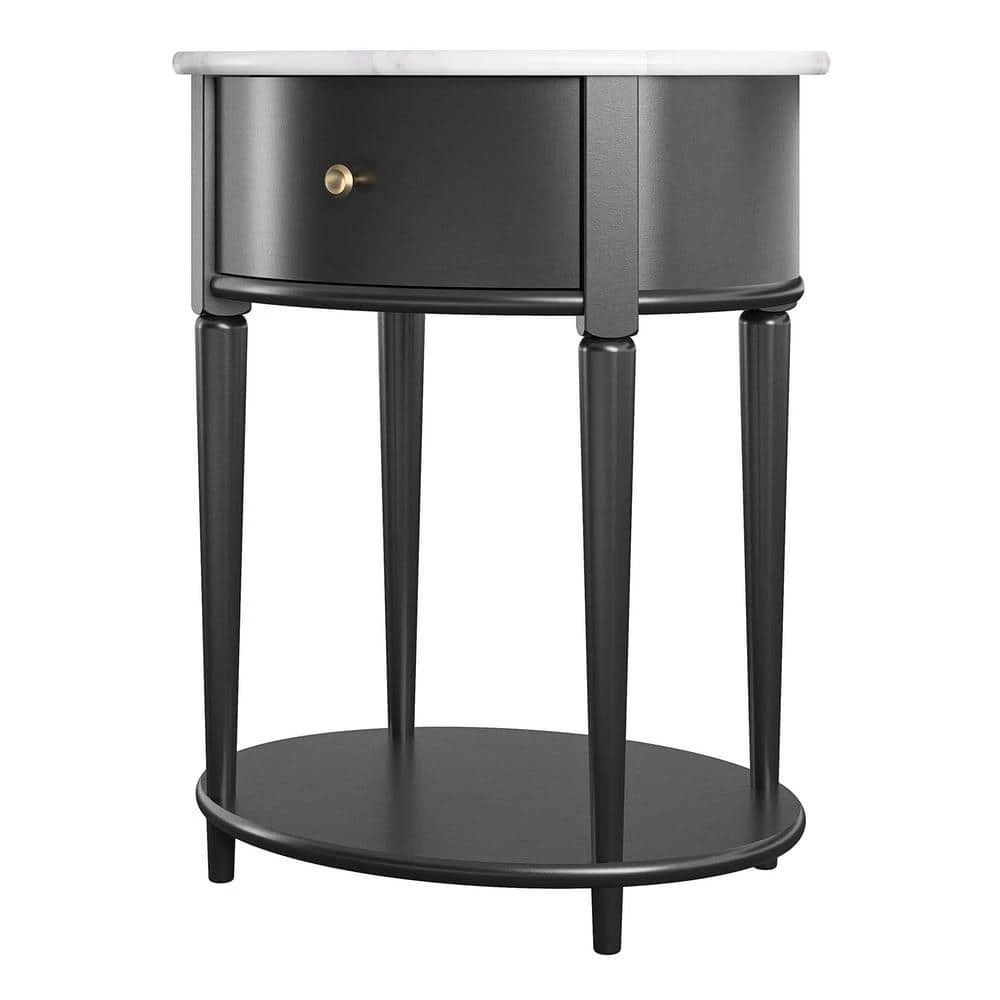 Abelia 21.6 in. Black with Faux Marble Top Round End Table with Drawer and Shelf by Ameriwood Home 2 Abelia 21.6 in. Black with Faux Marble Top Round End Table with Drawer and Shelf by Ameriwood Home - Image 2