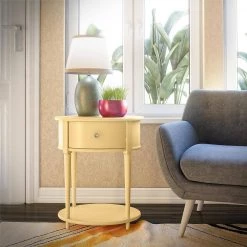 Abelia 21.6 in. Pale Yellow Round End Table with Drawer and Shelf by Ameriwood Home -Deals HOMESTYLES Store yellow ameriwood home end side tables hd36795 31 1000