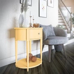 Abelia 21.6 in. Pale Yellow Round End Table with Drawer and Shelf by Ameriwood Home -Deals HOMESTYLES Store yellow ameriwood home end side tables hd36795 c3 1000